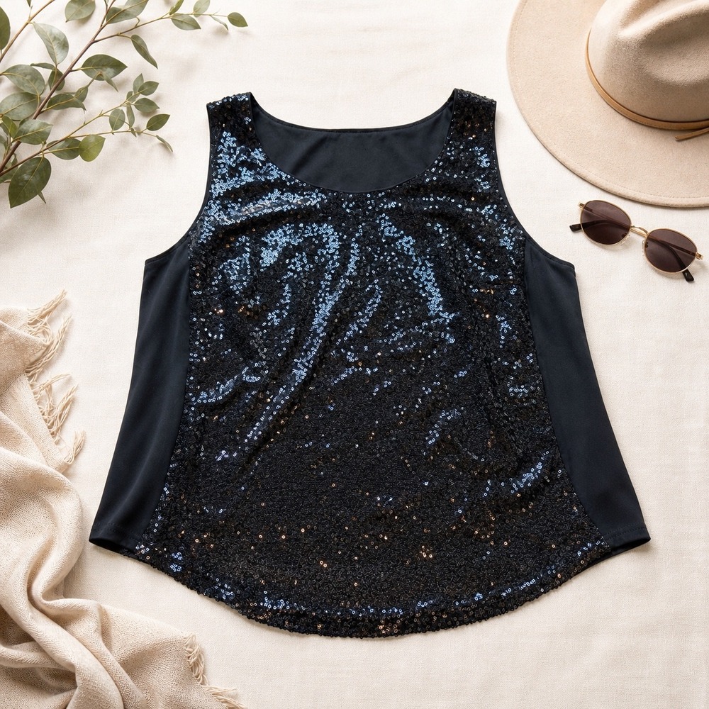 Bob Mackie Wearable Art Black Sequin Sleeveless Top Scoop Neck Side Panels M